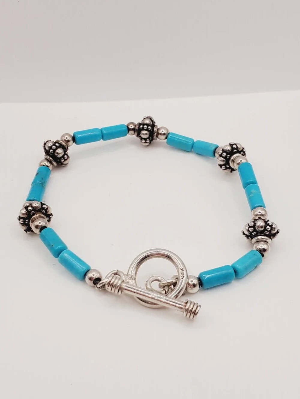 Genuine Turquoise 925 Sterling Silver Bead Bracelet With Toggle Clasp